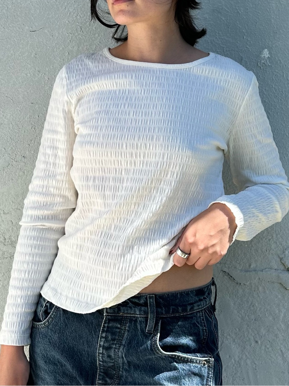 Appleseed's Ivory Long-Sleeve Textured Crew Tee Petite Large